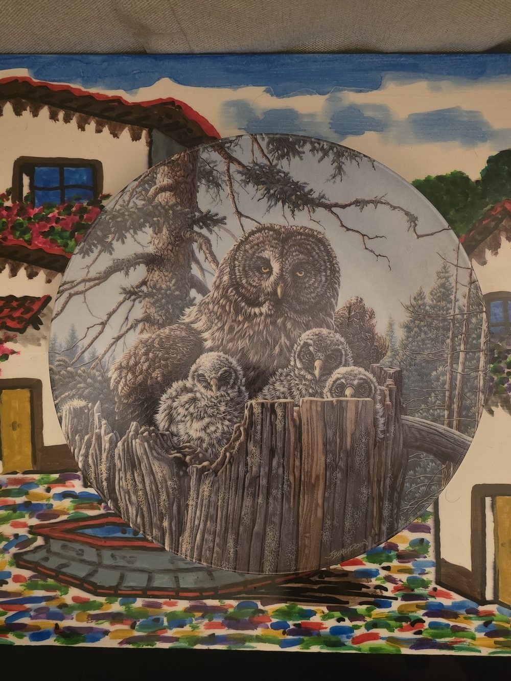 Knowles Owl Family Mixed Media Art — Brown & Gray